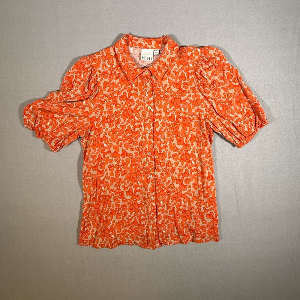 ICHI Orange Floral Puff Sleeve Button Up Shirt Blouse Size 36 (US S) Boho